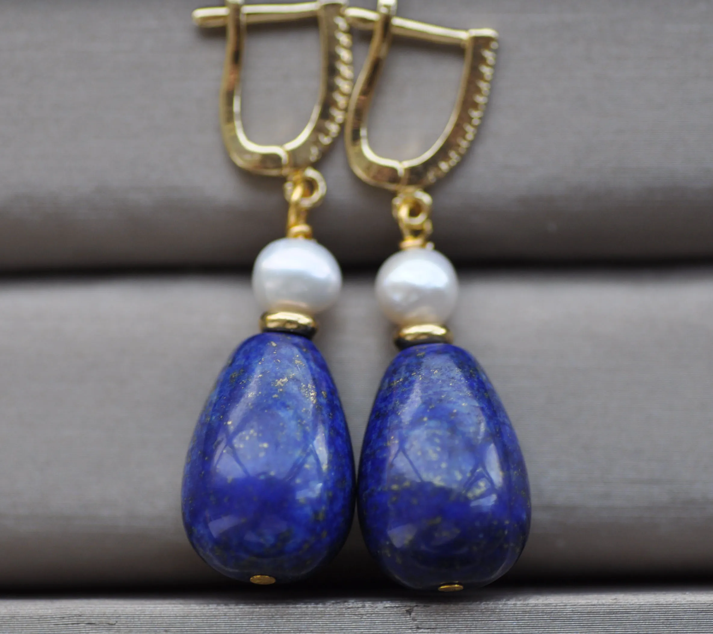 

S2485 18mm Blue Drop lapis-lazuli White Pearl Dangle Earring CZ