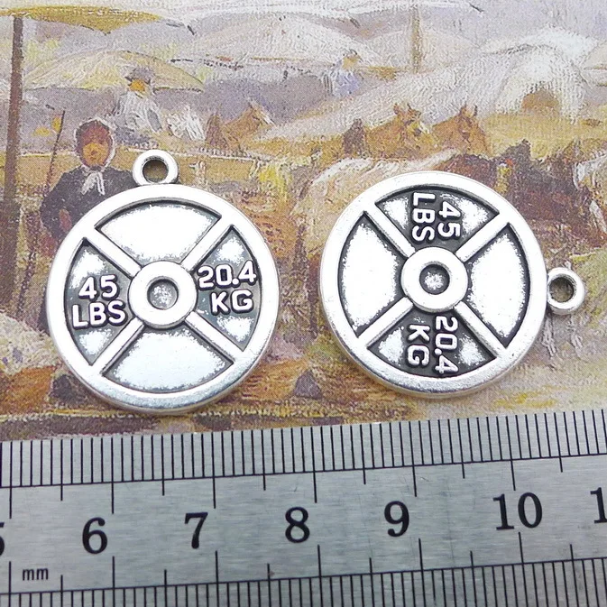 6 Pieces 24x28mm Antique Silver Color Fitness Weight Plate Charms DIY For Jewelry Making