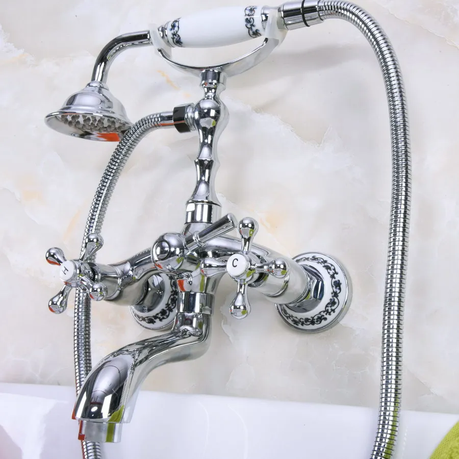 Bathroom Polished Chrome Clawfoot Bathtub Faucet Deck Mounted Double Handle Tub Faucet With Handheld Showers zna196