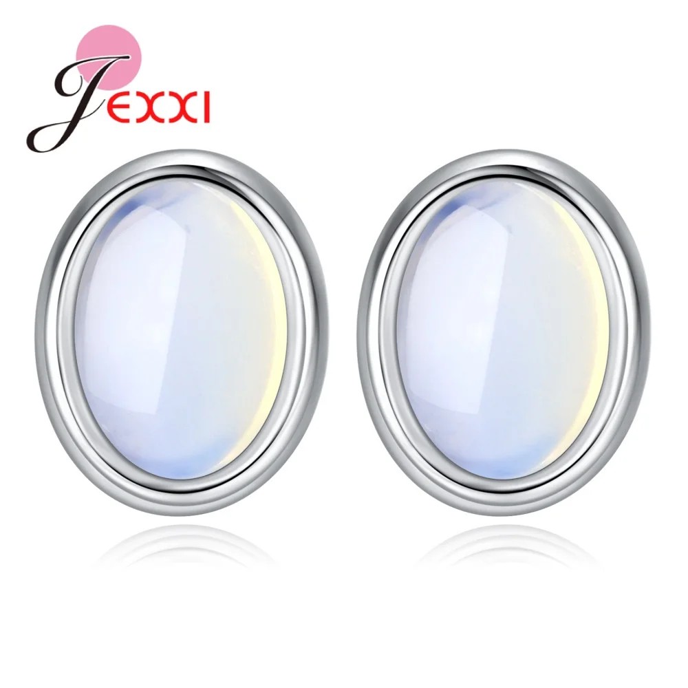 Newly Egg Shaped Opal Stone Stud Earrings For Woman/Lady/Girls 925 Silver Needle Wedding/Engagement Party Round Stone Earring