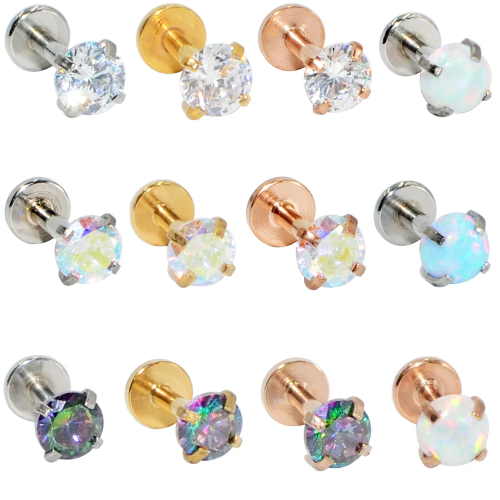1pcs Surgical Steel Prong Opal Stone Nose Screw Stud Labret Helix Ring Lip Bar Stud Ear Cartilage Earring Piercing Body Jewelry