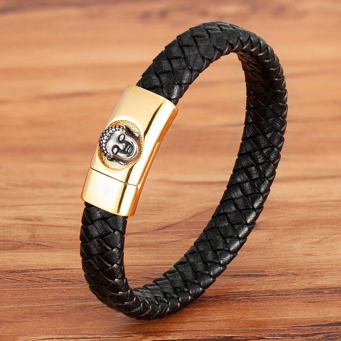 

XQNI Fashion Buddha Head Religious Men's Stainless Steel Leather Bracelet Luxury Male Jewelry For Birthday Accessories Gift