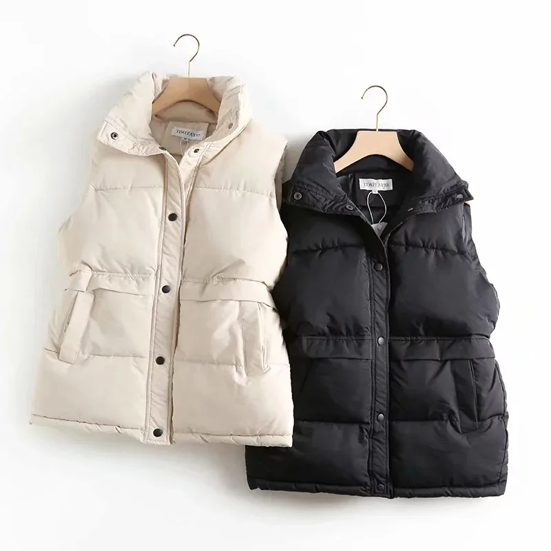 Autumn Winter Women Solid Loose Vest Drawstring Stand Collar Long Vest Jacket  Cotton Padded Women Windproof Warm Waistcoat