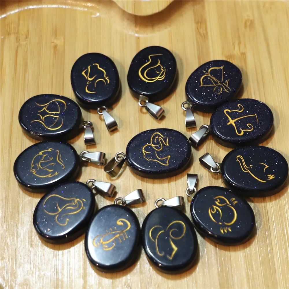 Leo Libra Aries Natural Golden Sandstone Stone Oval Charms for Jewelry Making Birthday Gifts 12 Constellation Pendant 20*30mm