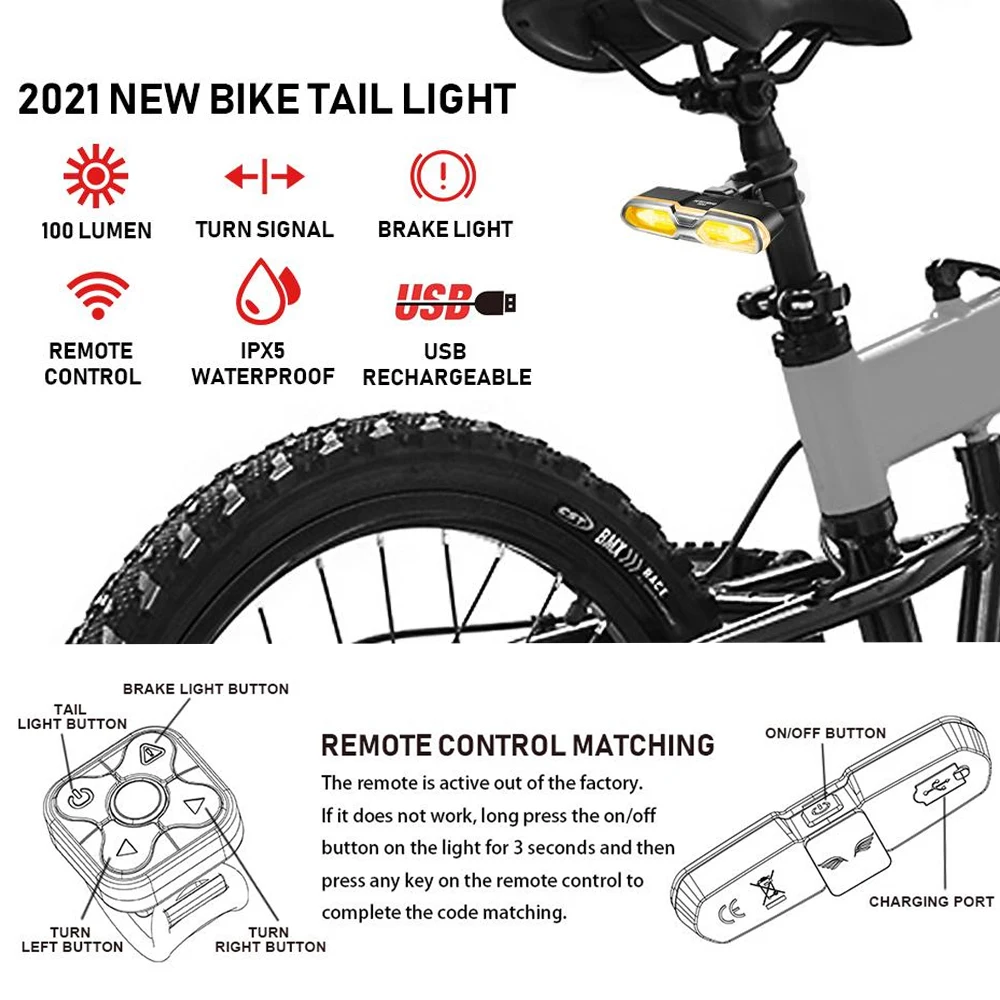 Wireless Bicycle Taillight LED Brake USB Rechargeable Bike Light Rear Remote Control Turn Signals Lamp For Bicycle MTB Lights