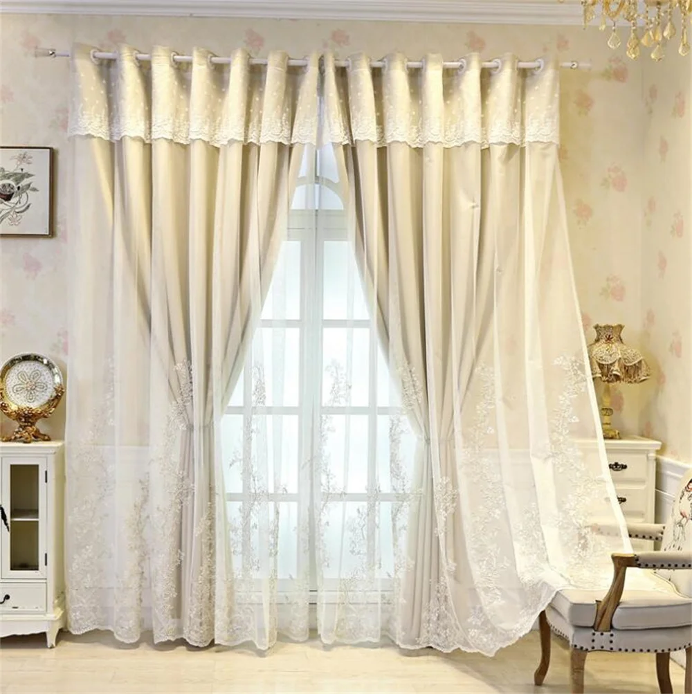 

Luxury Princess Double-Layer Blackout Curtains Custom Gold Embroidery Tulle Curtain For Living Room Bedroom Drape Home Decor