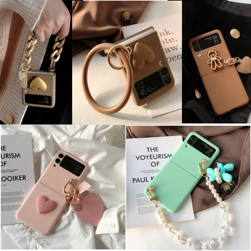 Fashion Cute Cartoon Heart Pearl Bracelet PC Phone Case For Samsung Galaxy Z Flip6 Case Z Flip5 Case Z Flip 4 Case  Flip3 Capa