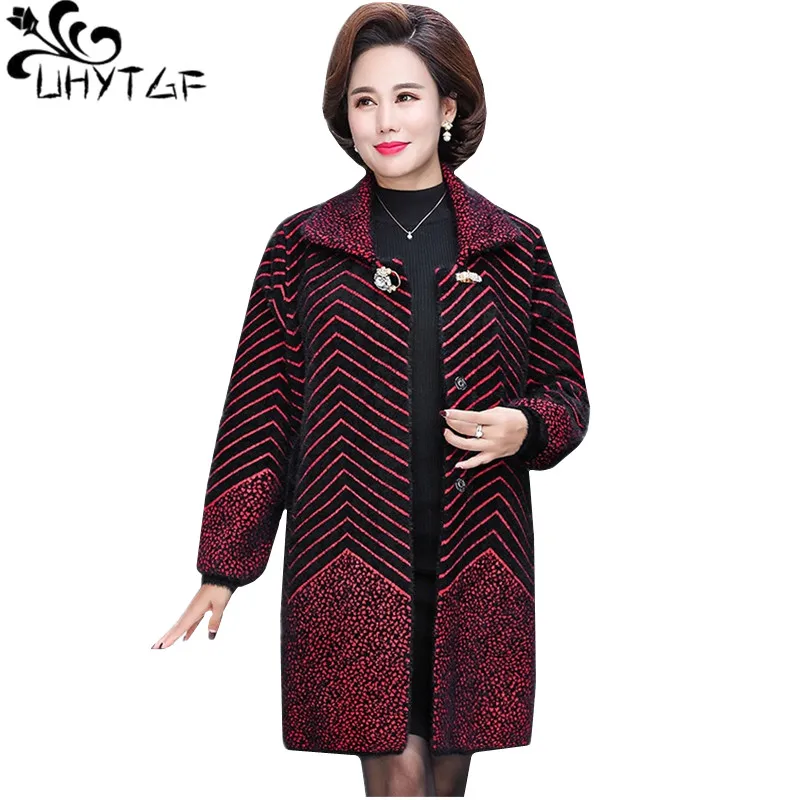 UHYTGF Elegant Mom Autumn winter wool coat fashion stripe Cardigan 4XL Big size tops Imitation Mink Cashmere woolen jacket 487