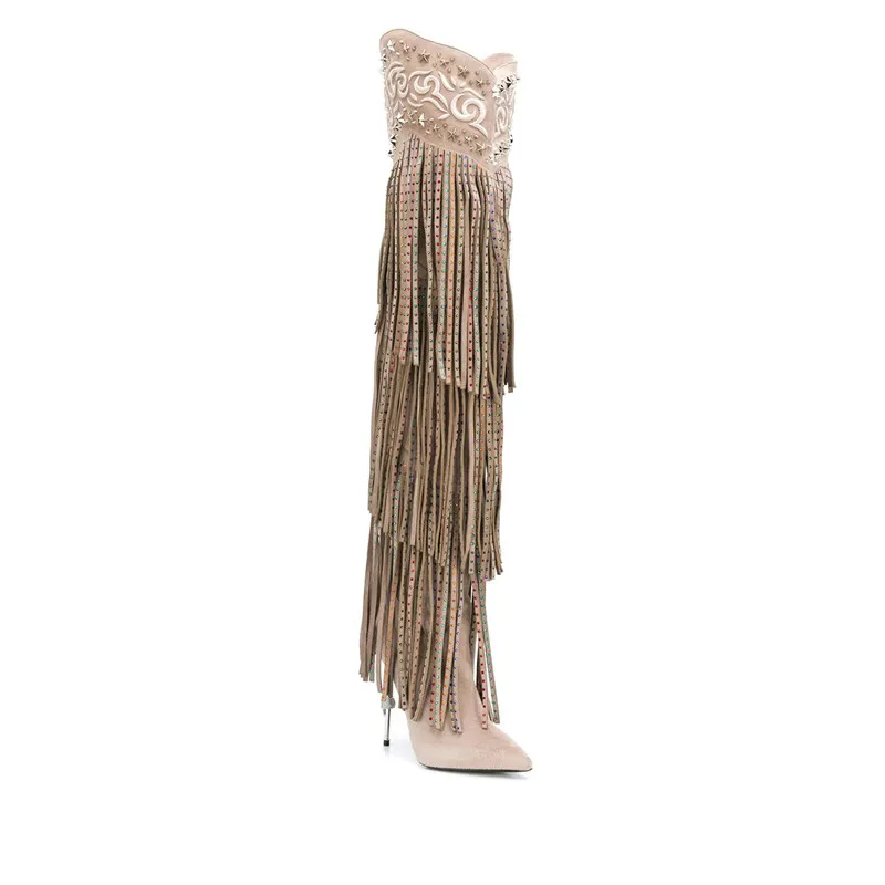 Vintage Crystal Embellished Fringe Overknee Boots Winter Pointed Toe Thigh High Cowboy Boots Design Metal High Heels Party Shoes