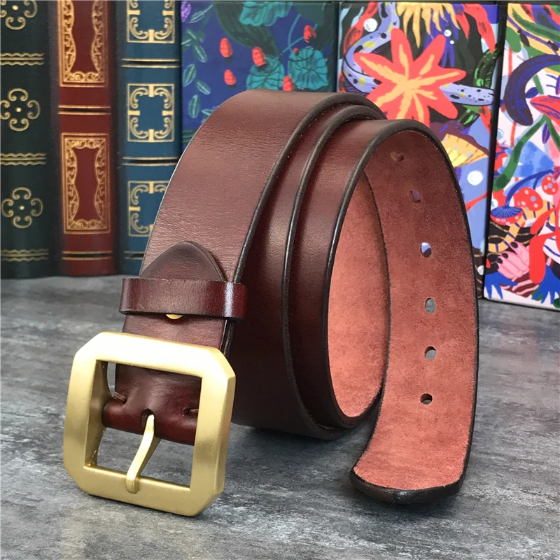 Solid Brass Belt Buckle Super Thick Genuine Leather Belt Male Ceinture Men Leather Belt Waist Belt Man Strap MBT0013