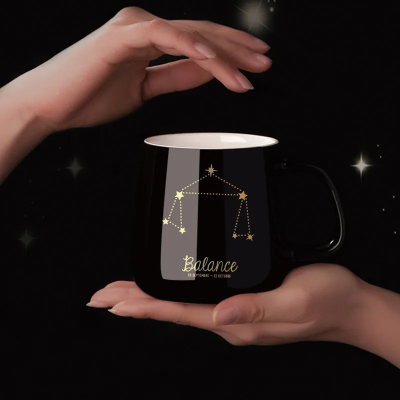 Ceramic Mugs 12 Constellations Creative Mugs With Spoon Lid Black Mug New Bone China Milk Coffee Cup Drinkware Gift Box Tea Mug