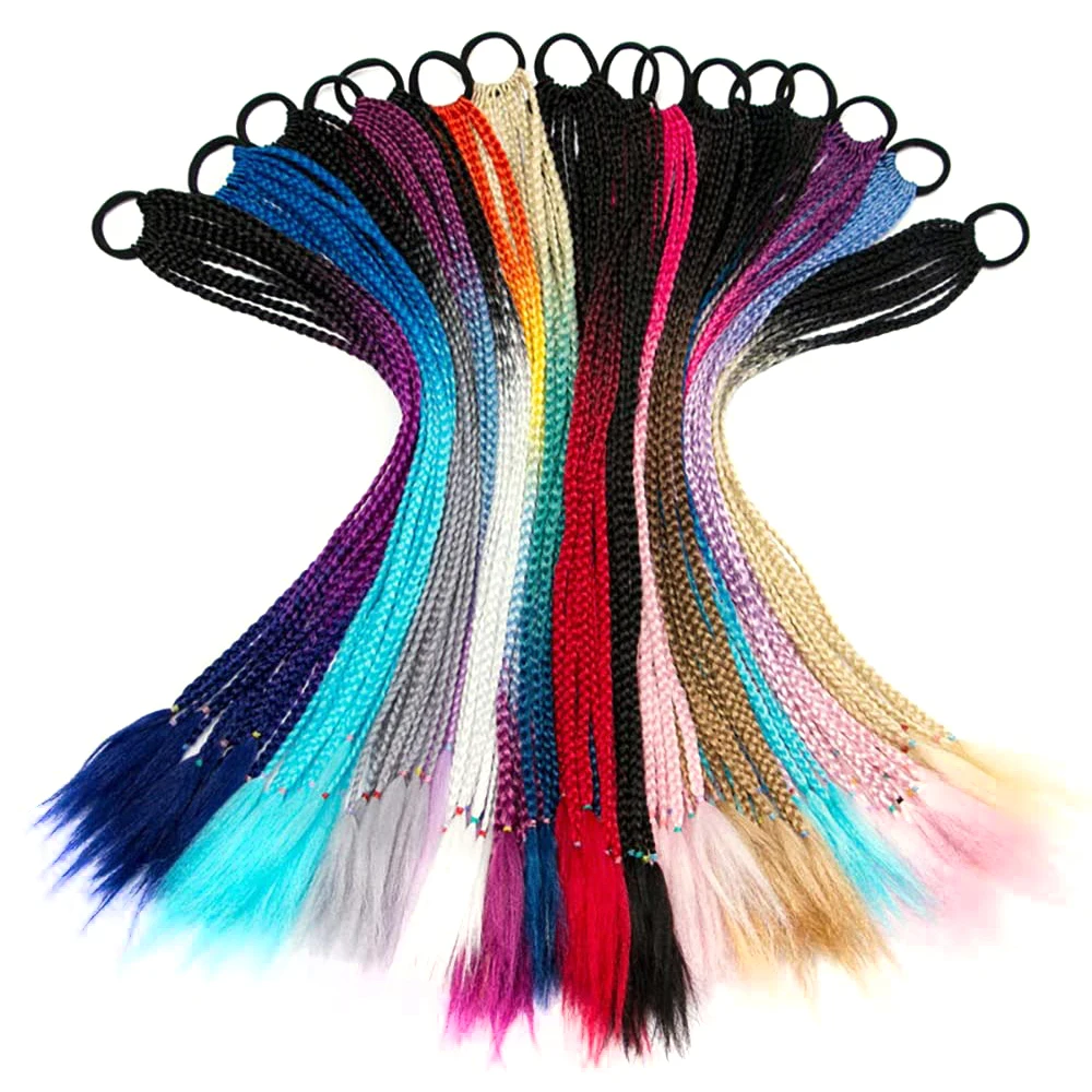 Synthetic Ombre Red Blue Pink Rainbow Overhead Tail Colorful Box Braids Ponytail Hair Extensions with Elastic Band False Pigtail