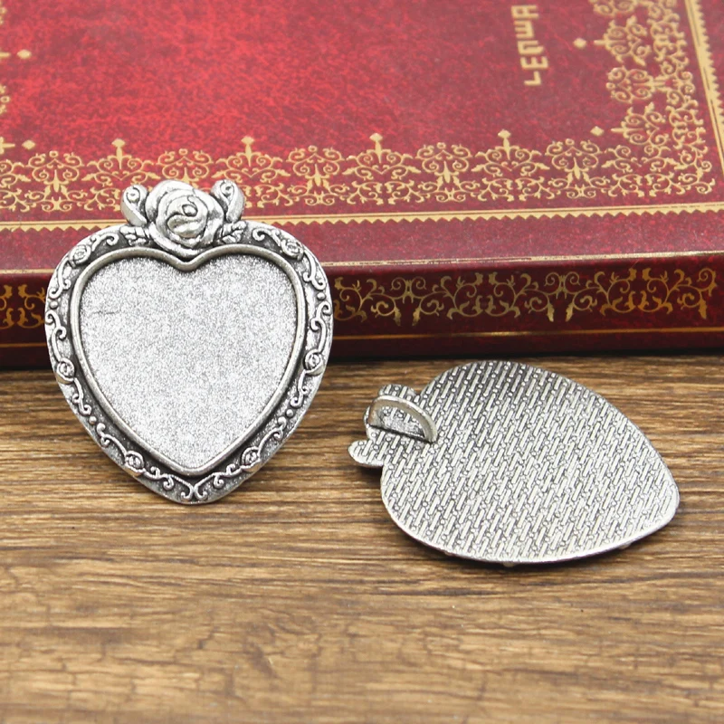 3pcs New 25mm Inner Size Antique Bronze Silver Color Heart Flower Rose Style Cabochon Base Setting Charms Pendant