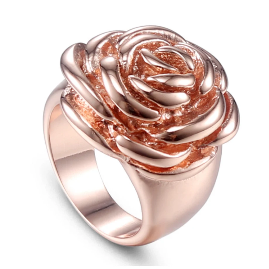 1PC Hot Stainless Steel Women Rose Flower Engagement Rings Girls Rose Golden Ring Size 6 7 8 9