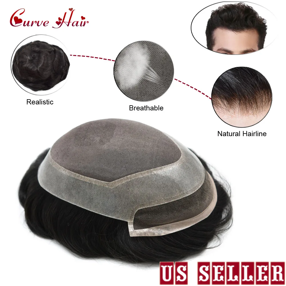 Male Hair Prosthesis Fine Mono Clear Poly Around Double Knots Mens Toupee Human Hair Hand Tied Medium Density Black Hair System