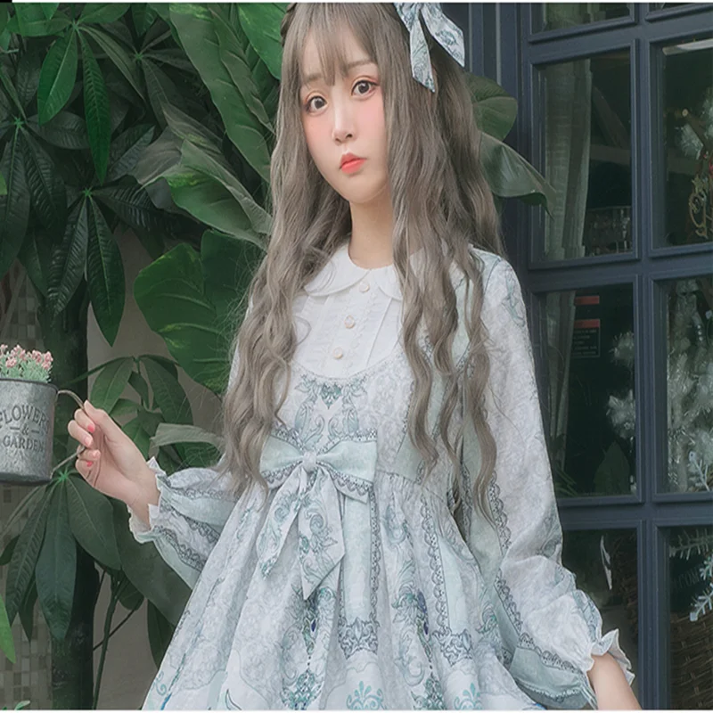 Ngọt Nhật Bản Lolita Đầm Retro Ren Nơ Cổ Peter Pan Cao Cấp In Victoria Đầm Kawaii Cô Gái Gothic Lolita Op