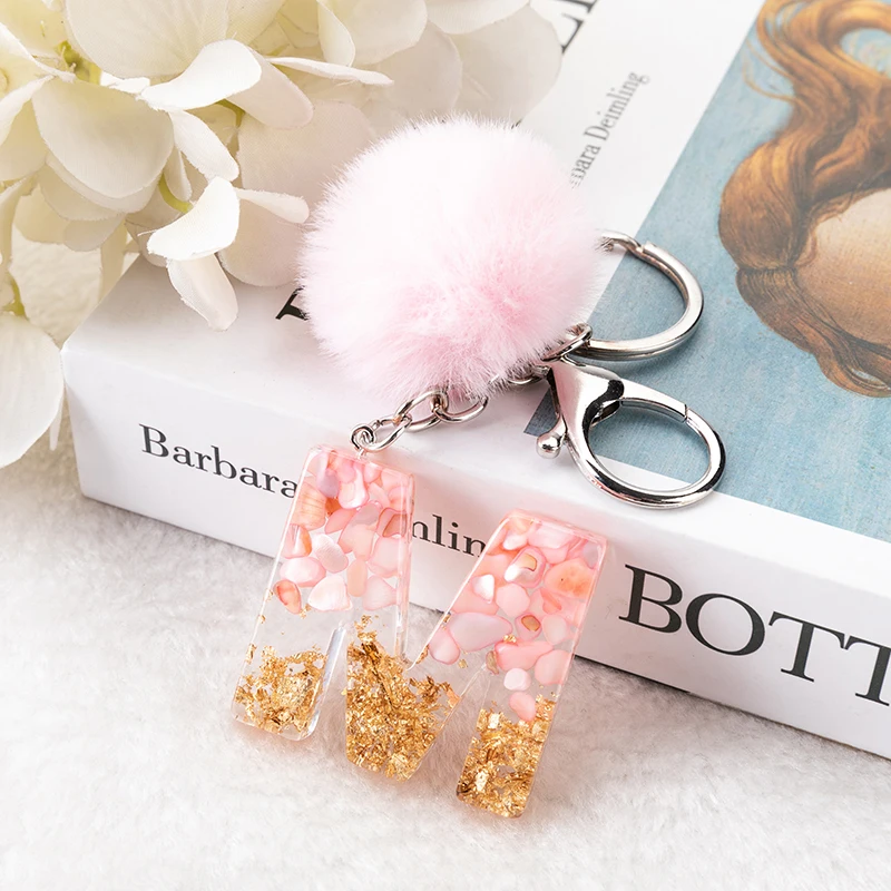 1Pc Pink Pompom Letter Keychain English Alphabet Keyring with Puffer Ball Glitter Gradient Resin Car Mirror Handbag Charms view 4