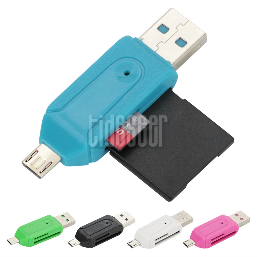 5 Colors 2 in 1 Micro USB Dual Slot OTG Adapter with TF SD Memory Card Reader For Android Smartphone PC Laptop Computer 300pcs