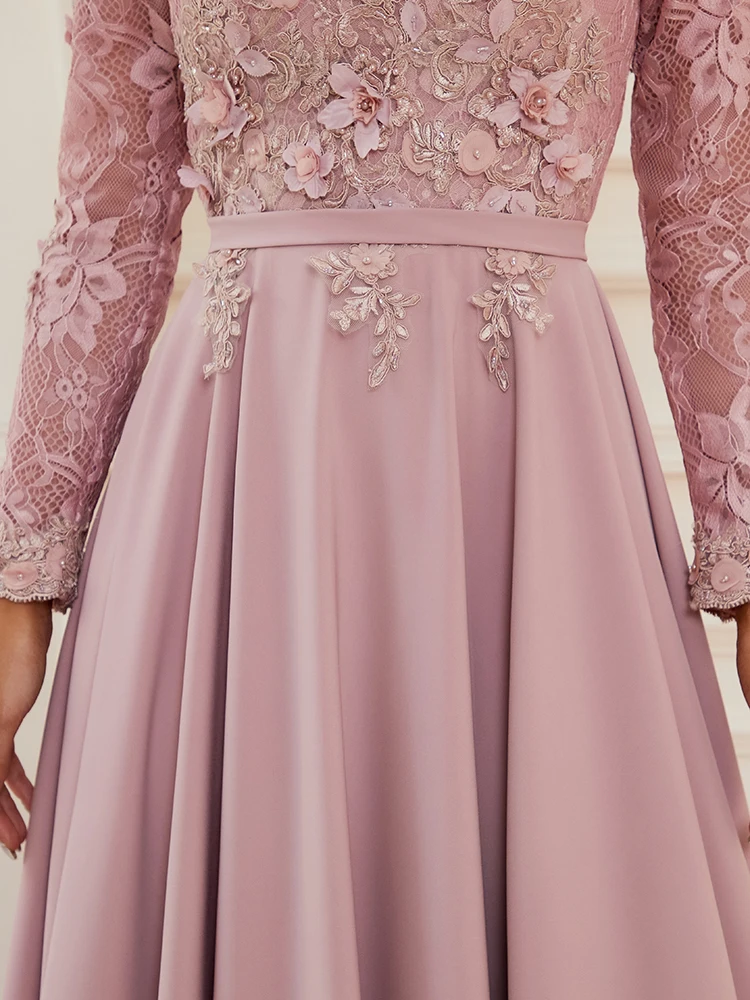 Long Sleeve Muslim Formal Dresses Pink Vintage High Neck Luxury Lace Appliques Spandex Satin Evening Dresses With Train