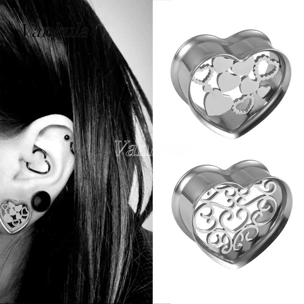 Vankula 2PCS Stainless Steel Heart Shape Ear Gauges Ear Tunnels Plugs Expander Piecing Body Jewelry