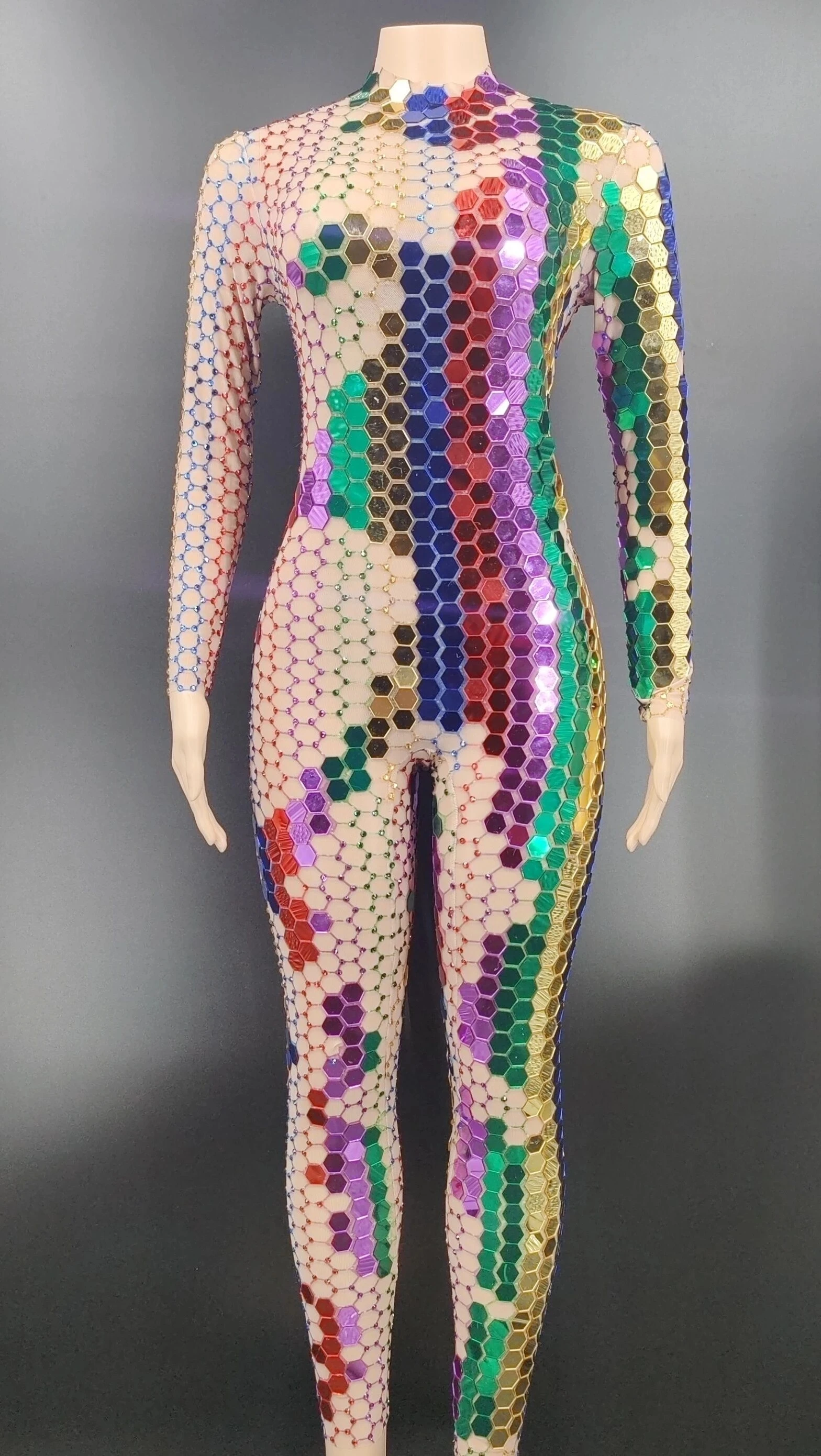 Colorful Mirrors Rhinestones Mesh Jumpsuit Women's Birthday Celebrate Outfit Evening Singer Prom Party event costume