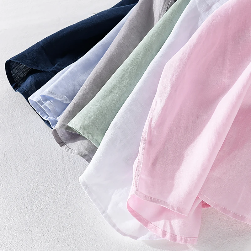 New arrival Designer short sleeve linen shirt men brand fashion men shirts flax turn-down collar sky blue shirt mens chemise
