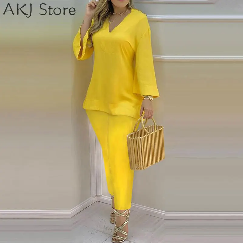 Summer Casaul Women Home Wear Solid Suit Sets Long Sleeve Plain Bell Sleeve V-Neck Top & Pants Set