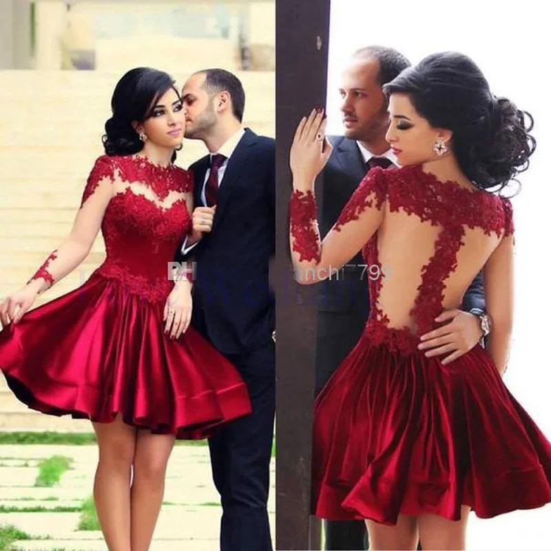 drop shipping Hot Sale A-line Wine Red long Sleeve Homecoming Dresses See Through Graduation Dresses Custom Made Party Dress