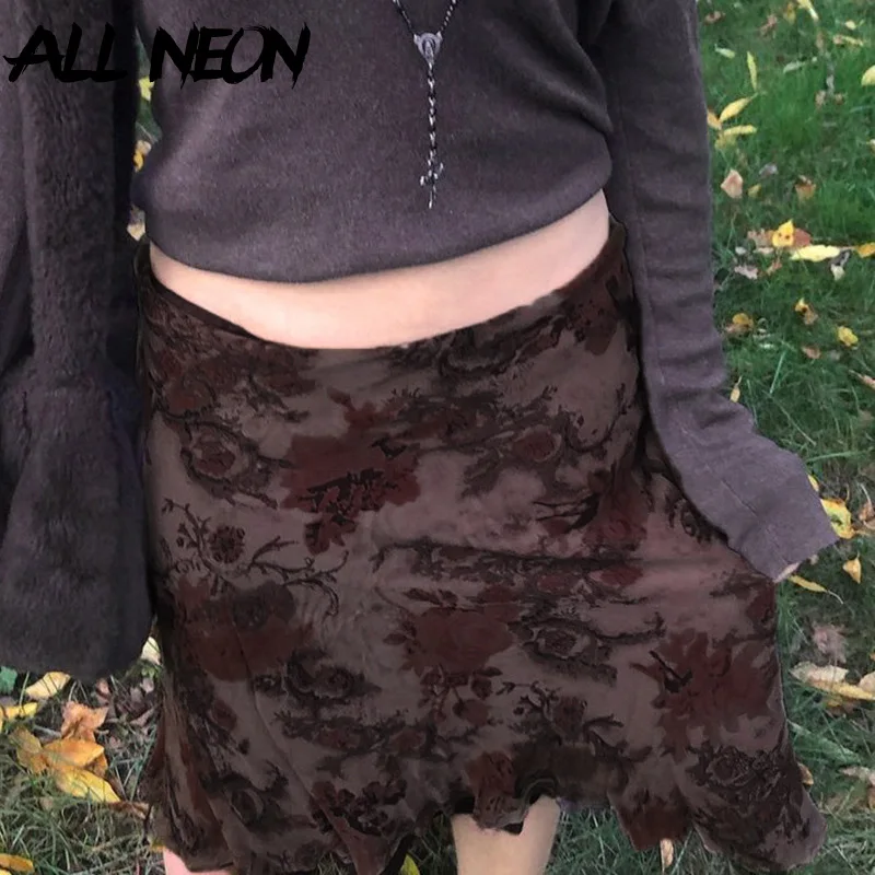 ALLNeon Fairy Grunge Aesthetics Brown Mesh Midi Skirts Y2K Streetwear Low Waist Printing A-line Skirt Elfcore Outfits Retro Fall