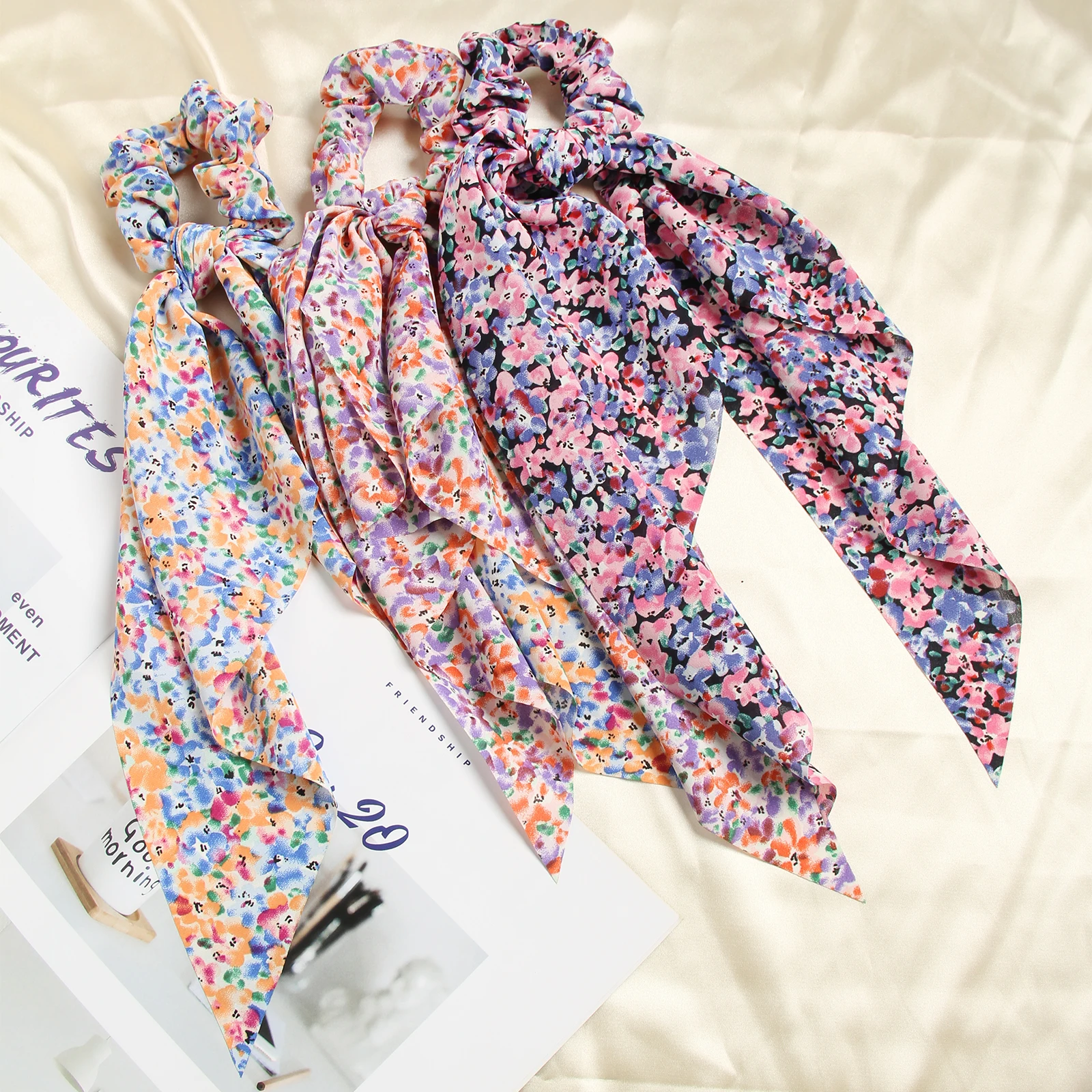 Fashion Floral Printing Bow Long Ribbon Ponytail Scarf Hair Tie Scrunchies Women Girls Elastic Hair Bands Hair Accessories