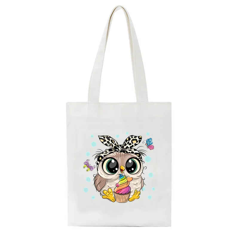 Owl Animal Cute Black Canvas Women Shopping Bags Kawaii Girl Shoulder Cloth Bags Reusable Shopper Teacher Student Book Bags