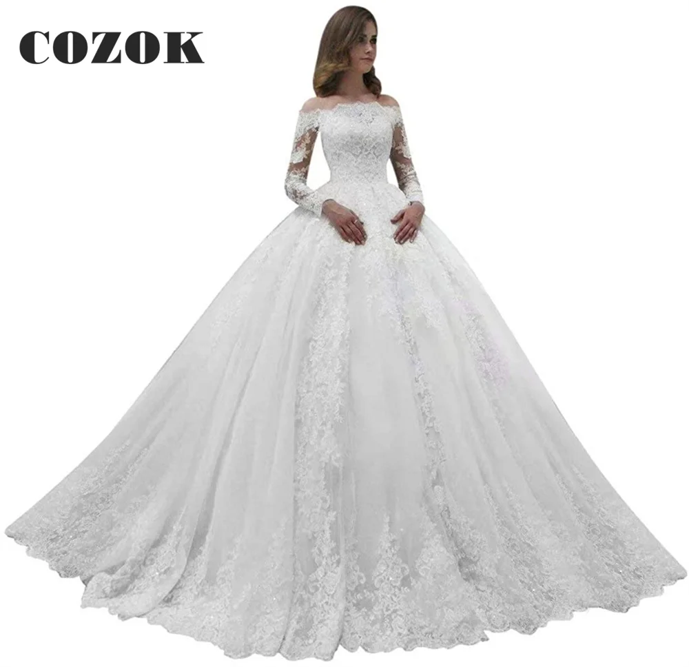 Luxury Wedding Dresses Ball Gown Long Sleeve Puffy Tulle Lace Appliques Beading Vintage Formal Bridal Gowns CO02