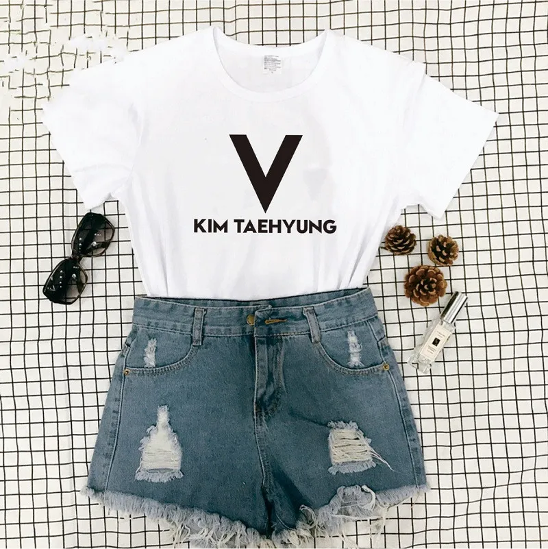 V kim taehyung letter Women tshirt Cartoon Casual Suga Printed Kpop style star Female Tops Tee Short Sleeve Aesthetic Tshirt