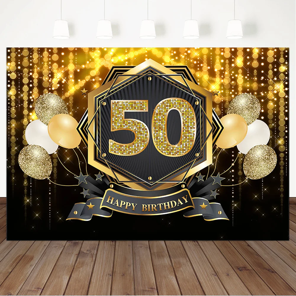 

Happy 50th Birthday Backdrop Glitter Golden Bokeh Fiftieth Birthday Party Banner Backdrops Ballon Decor Photography Background