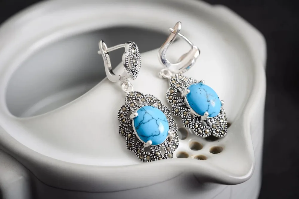 Natural turquoise lady\'s VINTAGE 925 SILVER 3.8CM MARCASITE DANGLE HOOK EARRING Brincos Ohrringe Sterling Silver Jewelry Earring