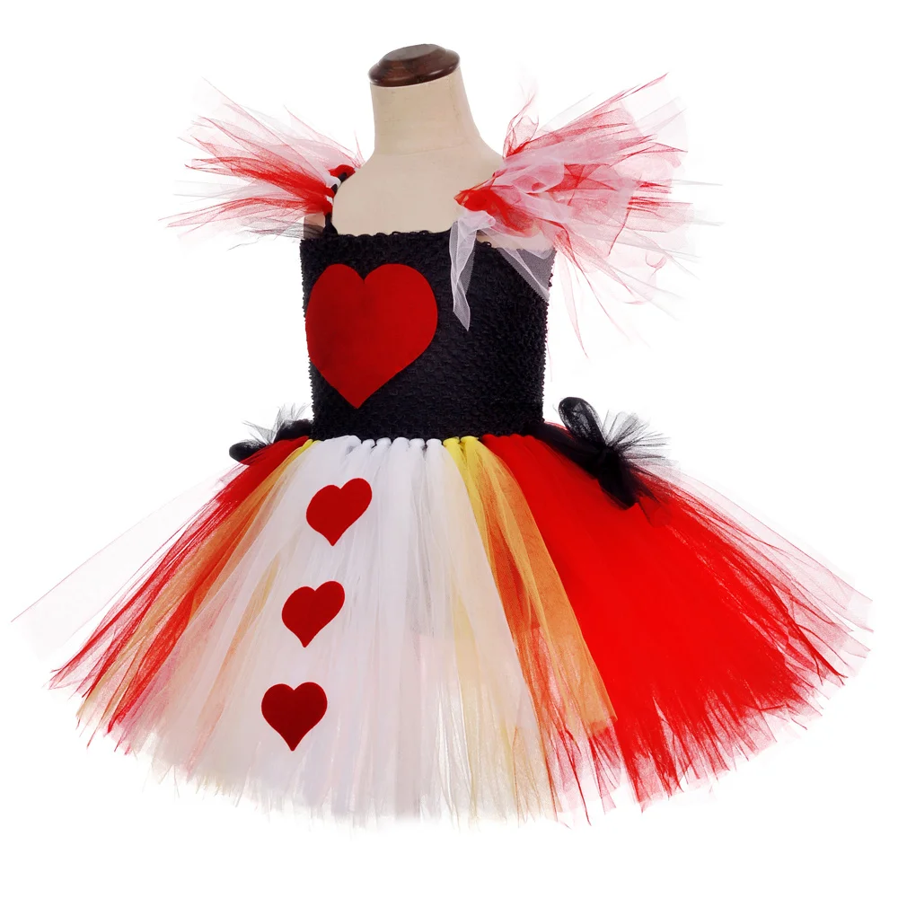 Alice in Wonderland Red Queen of Hearts Costume for Girls Carnival Halloween Tutu Dress Kids Party Outfit with Crown Magic Stick