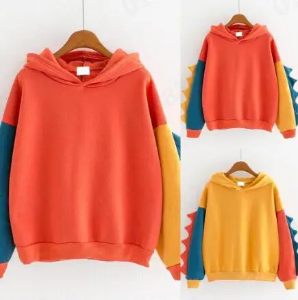 Women Hoodies New Cute Cartoon Patchwork Harajuku Sweatshirt Female Hooded Pullover Dinosaur Outerwear Yellow Green Orange Blue