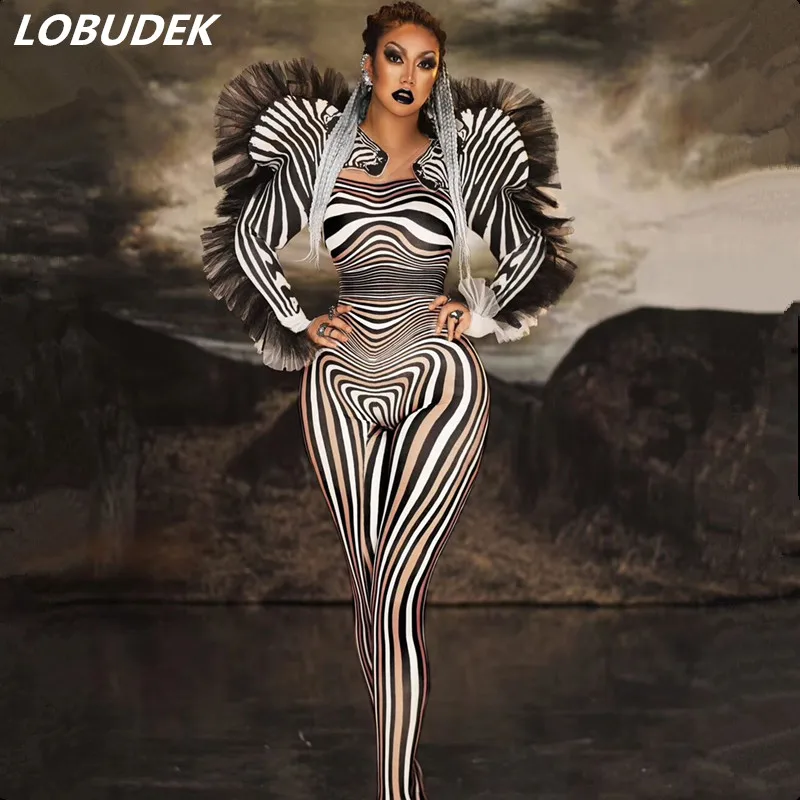 

Zebra Pattern Jumpsuit Stripe Stretch Tights Women Singer Sexy Stage Outfit Nightclub Bar Party Show Performance Costume Leotard