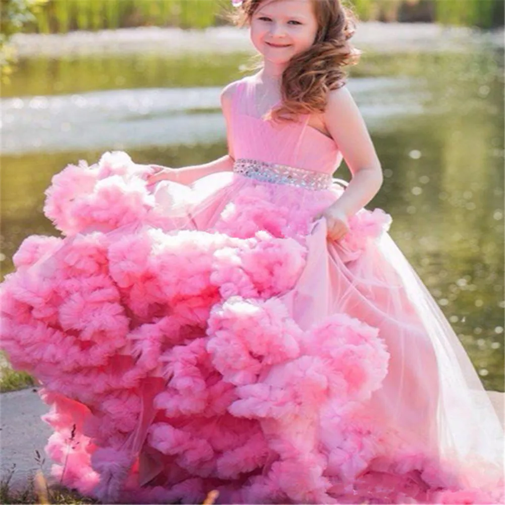 Pink Tulle Ball Gown Flower Girls Dresses Sleeveless V-Neck For Weddings Tiered 3D Floral Flowers Lace pageant PartyDresses