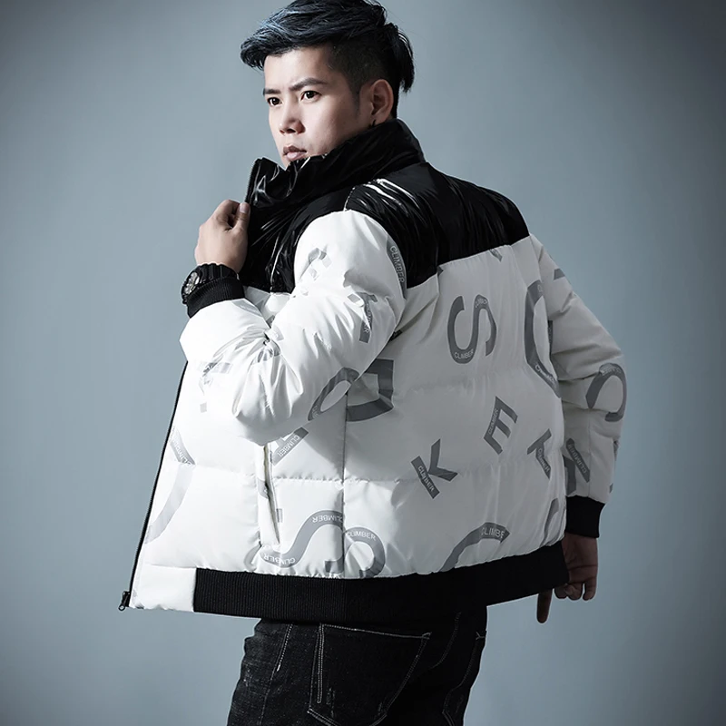 80 white duck down winter new bright letter down jacket men's short youth warm casual jacket brand High quality for dialy work