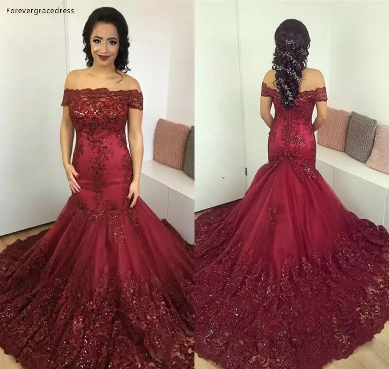 2019 Arab Dubai Merah Marun Putri Duyung Gaun Malam Appliques Selebriti Formal Liburan Memakai Prom Pesta Custom Made Plus Ukuran