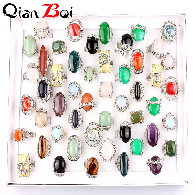 

QianBei Wholesale 20pcs Lots Silver Plating Vintage Stone Ring Fashion Jewelry Turquoises Finger Rings For Women Men Wedding