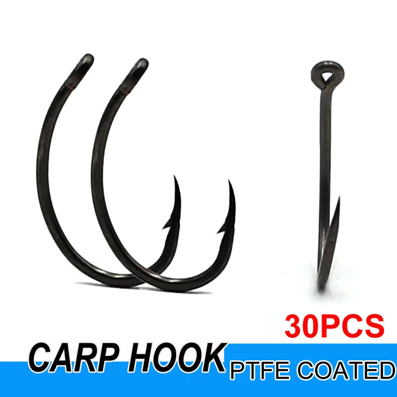 30PCS PTFE Coating Carp Fishing Hook Jig Head Yn Carp Hooks High Carbon Steel Curve Shank Barbed Fishhook Chod Hair Rigs Hooks