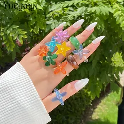 Trendy New Flower Big Cute Rings for Teen Girls Fashion Minimalist Colorful Transparent Acrylic Vintage Finger Rings for Women