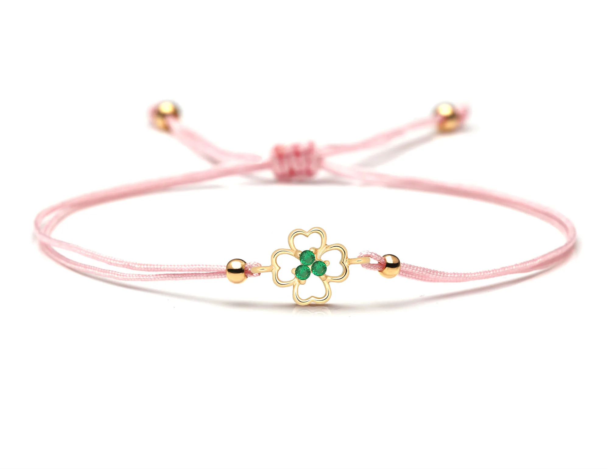 Green Cubic Zirconia Copper Four Leaf Clover  Charm Bracelet Women Men CZ Zircon Lucky Brass Charm Red Pink Thread Cute Jewelry