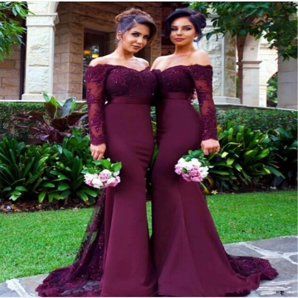 

Angelsbridep Chiffon Mermaid Bridesmaid Dresses Vestido Da Dama De Honra Fashion Long Sleeves Court Train Formal Evening Gowns