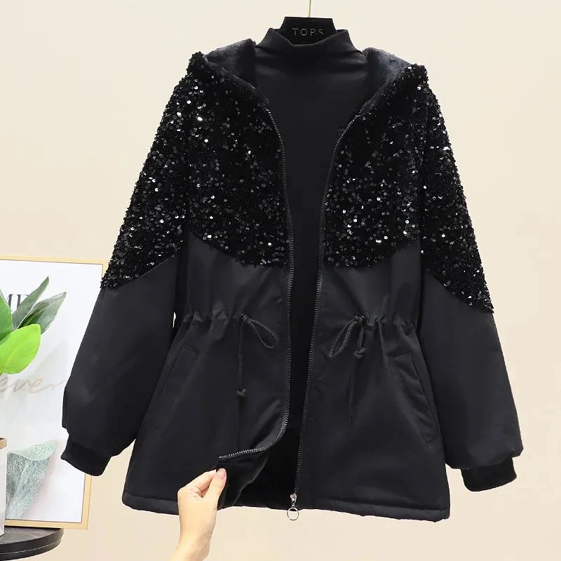 2023 New Autumn Women Jacket Long Sleeve Hooded Female Windbreaker Heavy industry Sequins Jackets Loose Black Overcoat Outwear