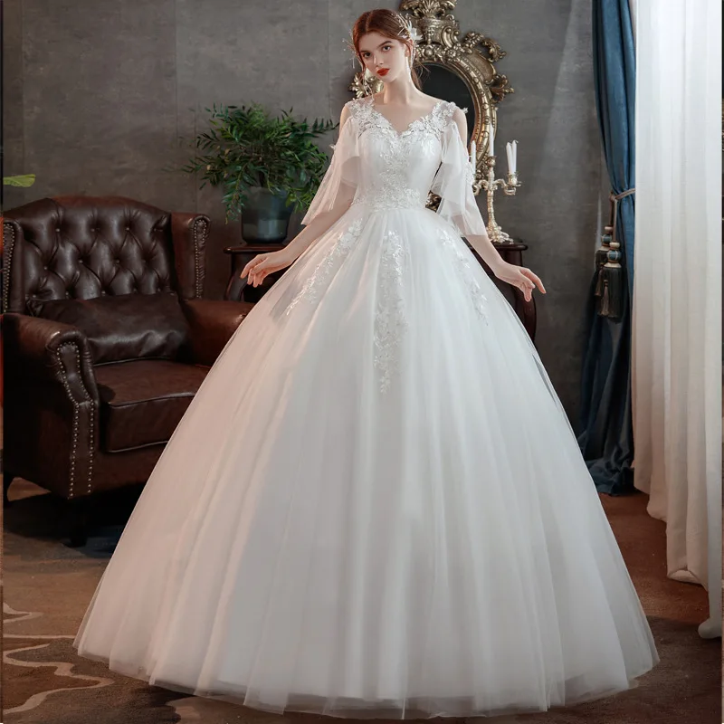 Korean style new spring Plus size wedding dress for Pregnant women long Lace appliques Vestidos De Novia with slleves 2021 Tull