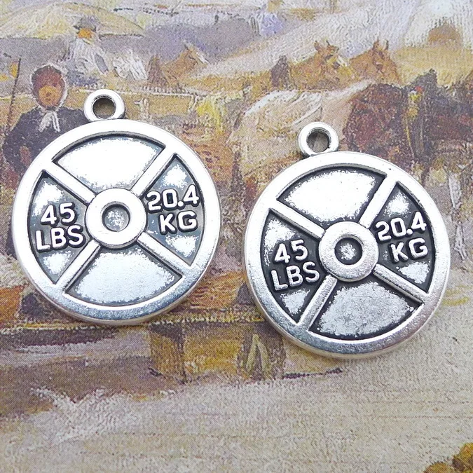 6 Pieces 24x28mm Antique Silver Color Fitness Weight Plate Charms DIY For Jewelry Making