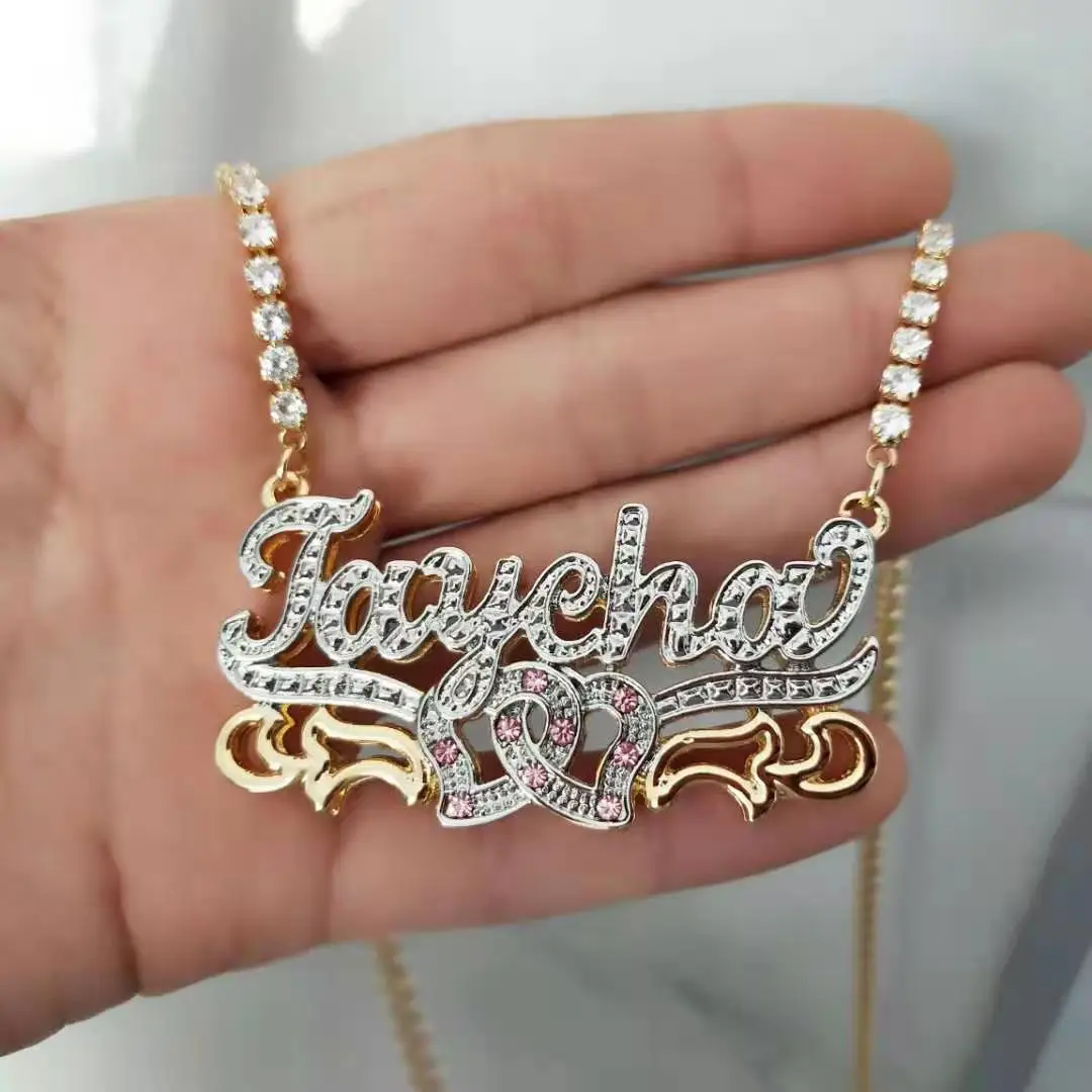 DOREMI 3D Tennis Chain Custom Name Necklace Layered Personalized Double color Nameplate Necklace Jewelry For Women Gift